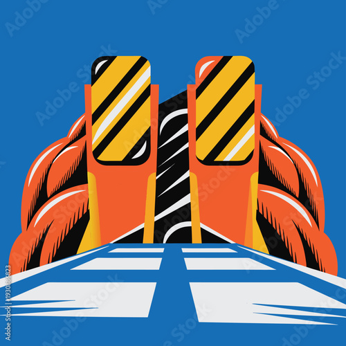 A stylized graphic illustration of car pedals (accelerator and brake) with a road below, set against a blue background.