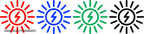 Set of four sun with lightning icons in red, blue, green, and black, radiating lines