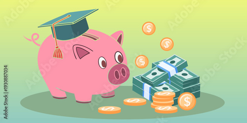 Piggy bank with graduation cap and money symbolizing education savings, student investment planning, tuition funding, financial literacy, and academic success concept.