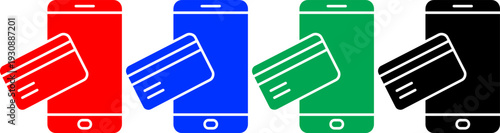 Mobile payment icons with smartphone and credit card vector set in red blue green and black colors group