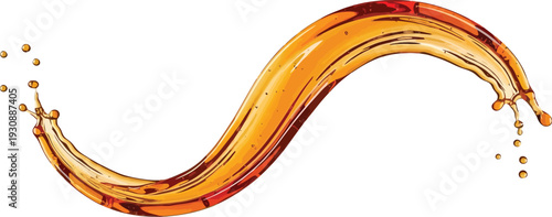 Dynamic amber liquid splash forms an elegant S-curve, conveying refreshing.