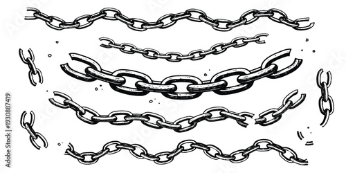 A collection of hand-drawn vintage chain illustrations, featuring wavy lines and broken links