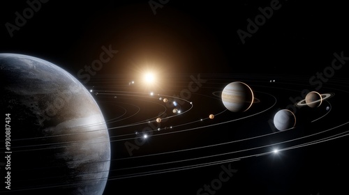 Wallpaper Mural Solar system orbital paths visualization with planets circling sun in a dark space background, perfect for astronomy education, planetary science, orbital mechanics, space exploration, solar system Torontodigital.ca