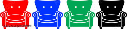 Set of four classic armchair icons in red, blue, green, and black solid colors