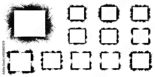 A set of grunge frames and borders with black ink splatter effects on a white background, useful for graphic design projects.