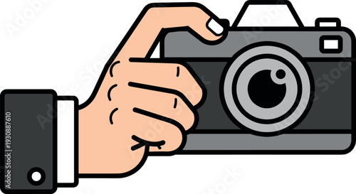 Flat Line Vector Illustration of Hand Holding Camera for Photography, Creative Media and Digital Content Concept