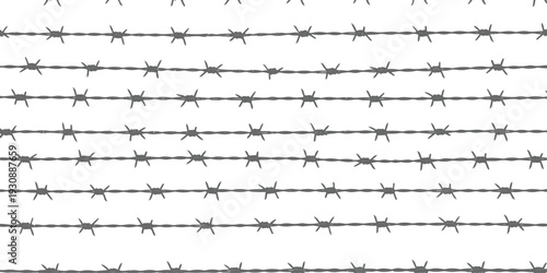 A repeating pattern of multiple horizontal strands of barbed wire against a plain white background.