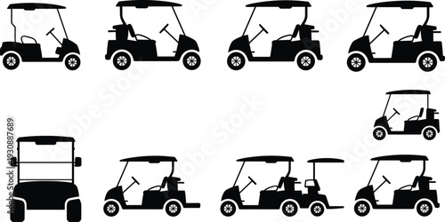 Golf cart silhouette set, electric buggy vehicle collection, transportation icon illustration, leisure sport mobility vector, black isolated design