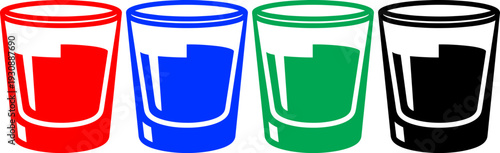 Four shot glasses filled with liquid in red, blue, green, and black on a transparent background