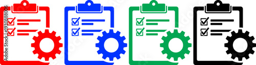 Clipboard icons with checkmarks and gears in red blue green and black colors on transparent