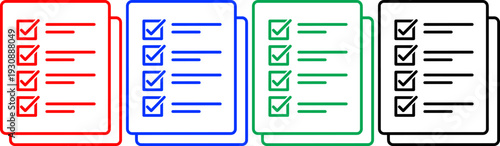 Checklist icons with checkmarks in red blue green and black colors on transparent background