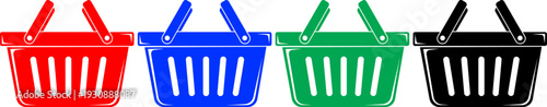 Collection of shopping basket icons in red blue green and black colors on transparent background