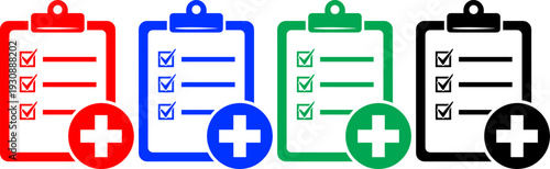 Medical clipboard with checklist and cross symbol icon set in red blue green and black color vector