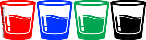 Glass of water icons in four colors showing liquid level with wave effect isolated on transparency