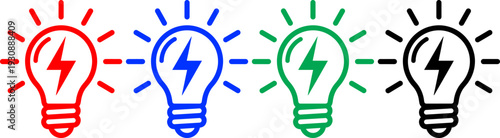 Energy lightbulb icons with lightning bolt symbol in four colors red blue green and black versions