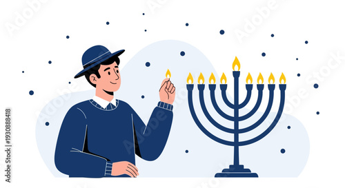 Man Lighting Hanukkah Menorah Celebrating Festival Of Lights