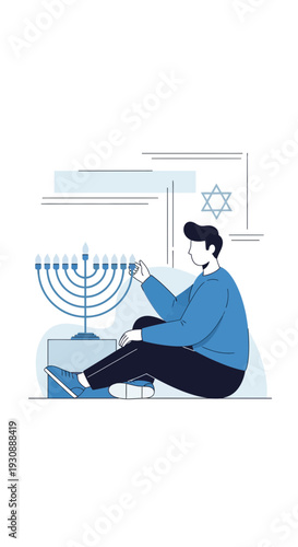Man Lighting Hanukkah Menorah Celebrating Jewish Festival Of Lights