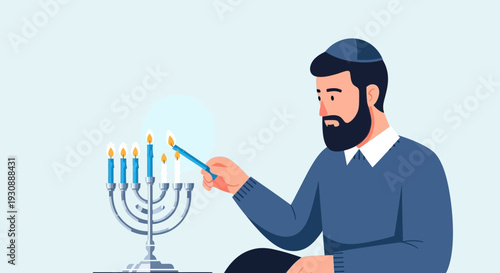 Man Lighting Menorah Candles During Hanukkah Celebration Tradition