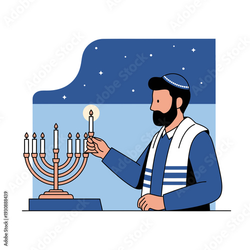 Man Lighting Menorah During Hanukkah Celebration Outdoors Under Starry Sky
