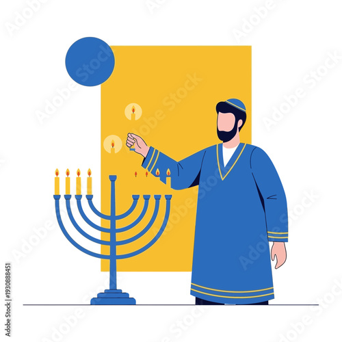 Man Lighting Menorah During Hanukkah Celebration Symbolic Religious Event