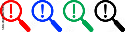 Search icon set with magnifying glass and exclamation mark for alert in red blue green black colors