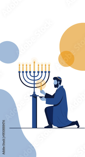 Man Lighting Menorah With Warm Golden Flames Symbolic Celebration Of Hanukkah Holiday Tradition