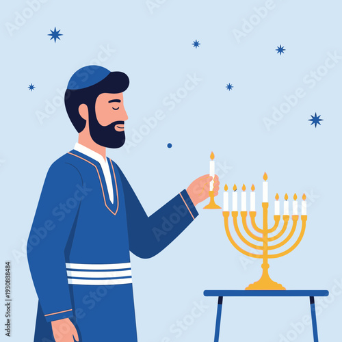Man Lights Hanukkah Menorah During Festival Of Lights Celebration Festive Occasion