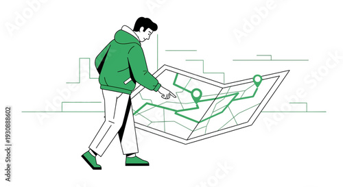 Man Navigating With Map In Modern Style Illustration