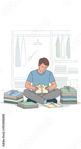 Man Neatly Folding Stacked Clean Clothes In Closet Preparation For Organization