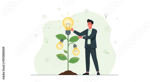Man Nurturing A Growing Plant Of Lightbulbs Symbolizing Business Growth And Innovation