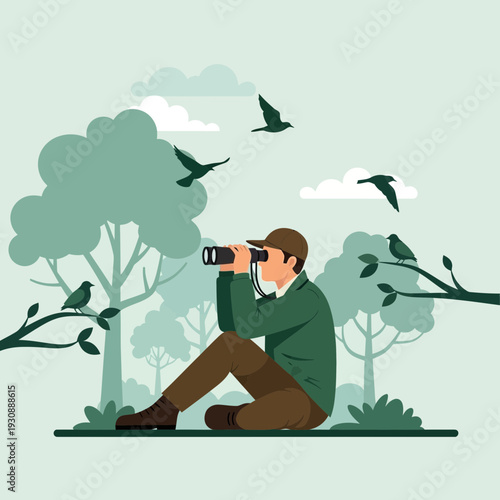 Man Observing Birds In Nature Through Binoculars With Trees And Sky