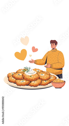 Man Offering Delicious Pancakes With Cream And Dill Hearts Floating Around