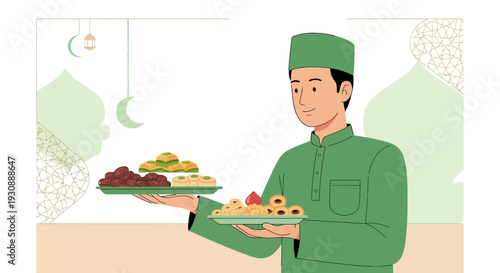 Man Offers Ramadan Treats Islamic Celebration Festive Food Presentation