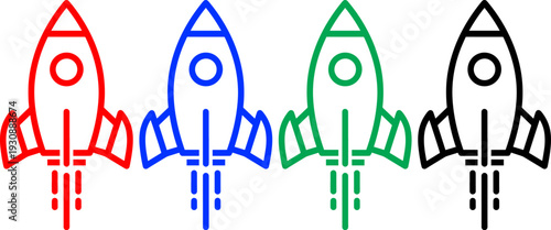 Rocket launch icons in various colors showing space ship taking off with fire trail vector set art