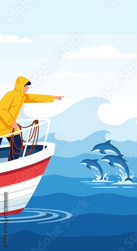 Man on Boat Spots Dolphins Jumping in Ocean Waters