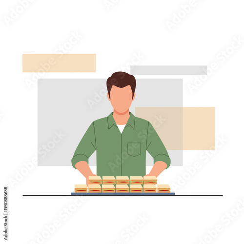 Man Preparing Numerous Freshly Made Food Items For Distribution