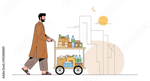 Man Pushing Cart Full of Groceries Amidst City Skyline