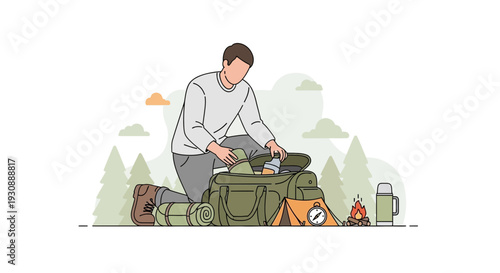 Man Packing Camping Gear For Outdoor Adventure Wilderness Trip Preparation