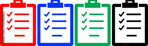 Checklist clipboard icons in multiple colors with tick marks and horizontal lines vector graphics