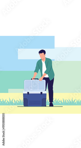 Man Packing Cooler For Outdoor Adventure Preparing For A Refreshing Getaway