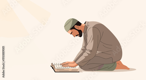 Man Reading Sacred Text Kneeling In Prayerful Devotion