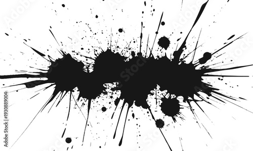 Black ink splatter splash grunge graphic style on white background. Chaotic black ink splatters perfect for backgrounds, posters, prints, and creative design projects needing a dynamic and edgy look.