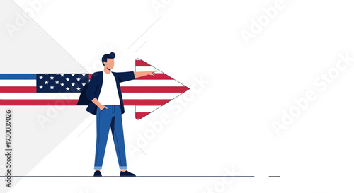 Man Pointing Toward American Flag Arrow Symbolizing Direction And Opportunity