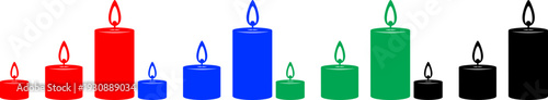 Set of colorful wax candles icons in different heights and sizes isolated on transparent background
