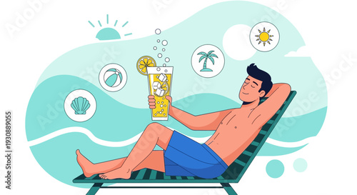 Man Relaxing On Deck Chair With Refreshing Drink On Sunny Vacation