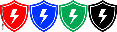 Security shield icons with lightning bolt symbol in four colors for protection and energy assurance