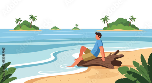 Man Relaxing On Tropical Beach With Ocean View And Island Scenery