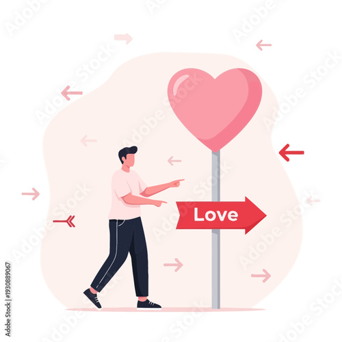 Man Points Towards Love Heart Sign Directional Arrow Concept