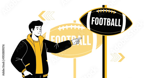 Man Points Towards Football Sign Representing Sport Popularity And Interest