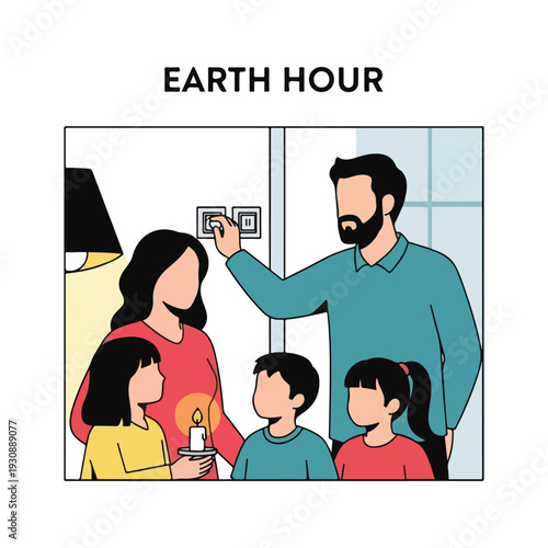 Family Participating in Earth Hour Energy Conservation Illustration
